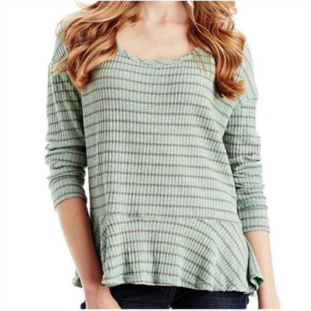 Free People We the Free Green Striped Waffle Knit Peplum Top